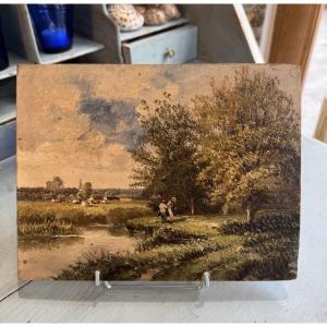 Old Small Painting Oil On Mahogany Panel Late 19th Century By A Roueff Hsp Barbizon