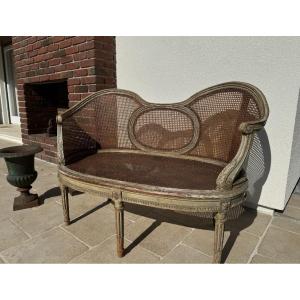 Antique Louis XVI Style Sofa Bench Basket, Late 19th Century, Patinated Canework, Good Condition