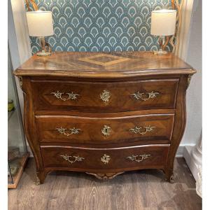 Antique And Small Curved Chest Of Drawers In Marquetry In The Style Of Hache, 19th Century