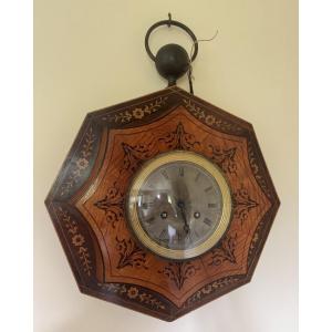 Antique Charles X Marquetry Wall Clock, 19th Century, Wire Clock Movement