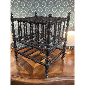 Antique Magazine Rack In Turned And Blackened Wood, 19th Century Napoleon III 
