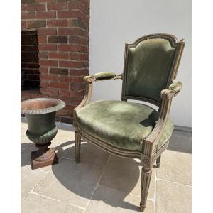 Old 19th Century Armchair, Louis XVI Style In Patinated Walnut, Good Stability, Cabriolet