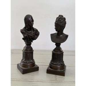 Pair Of Antique Bronze Busts With Brown Patina, Late 19th Century, Diane De Poitiers, Countess Of Barry