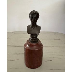 Antique Small Bronze Bust With A Man's Head On A Marble Base, 19th Century 