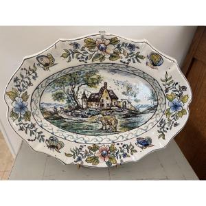 Old Large Earthenware Dish With Central Decoration, 19th Century Rouen Desvres Earthenware