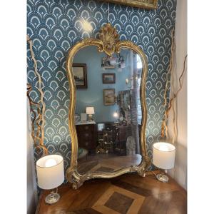 Antique 19th Century Gilded Wooden Mirror In Louis XV Style With A Chimney Shell