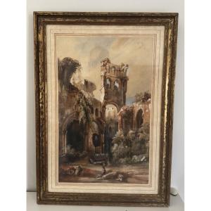 Antique Watercolor Painting Enhanced In The Hubert Robert Style, Early 19th Century