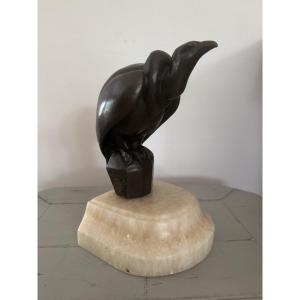 Antique Bronze Animal Statue Of A Stylized Art Deco Vulture By Césaro, 20th Century, Signed 
