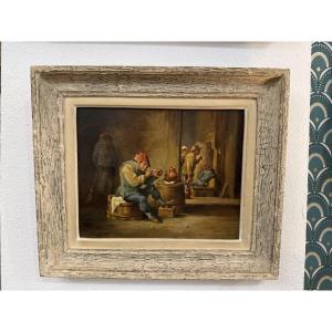 Old Hsp Painting Oil On Panel Dlg Of Scenes From Flemish Taverns Early 20th Century Teniers