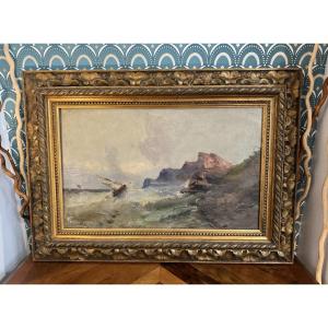 Antique Oil Painting On Marine Canvas By Emile Godchaux, 19th Century, Normandy Coast