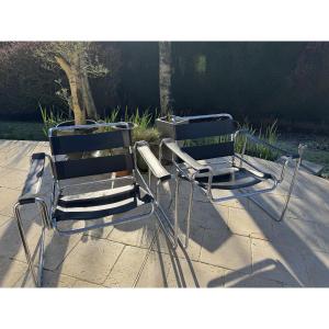 Antique Pair Of Vintage Armchairs In The Wassily Brauer Style Circa 1980