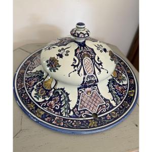 Antique Gien Earthenware Hanging Lamp, 19th Century, 19th Century, Floral Decoration And Cartouches