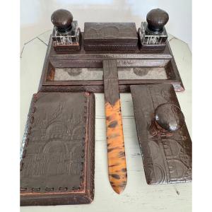 Antique Embossed Leather Desk Set From The Art Deco Orientalist Era With Inkwell