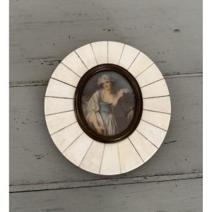 Old And Small Miniature On Ivory In A Plaquette Frame From The End Of The 19th Century, Old Painting