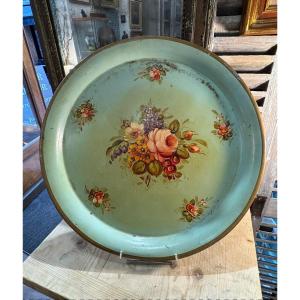 Old Painted Sheet Metal Tray With Floral Decoration From The Early 20th Century