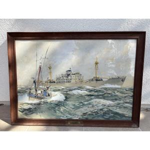 Old Enhanced Print Marine By A Brenet 20th Century Marine Painter Old Cargo Painting