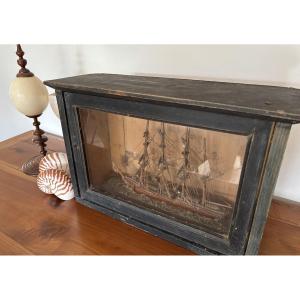 Antique Marine Diorama, Ship Under Glass, 19th Century Period, Model Boat