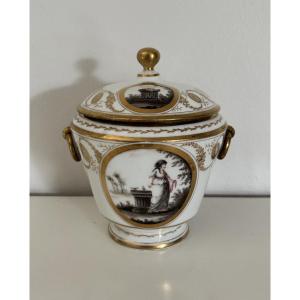 Antique Paris Porcelain Sugar Bowl, Late 18th Century, Louis XVI Directory Period, With Painted Decoration