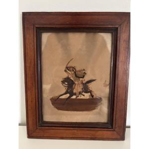 Old Small Miniature Painting: Hussar Frame In Straw Marquetry, Late 19th Century