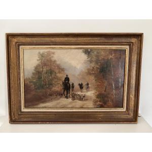 Antique Painting Of A Hunting Court Circa 1900, Oil On Cardboard, Horses And Dogs, French School