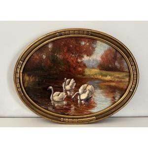 Antique Painting Swans By R Lutter Circa 1920 Art Nouveau Oil On Panel