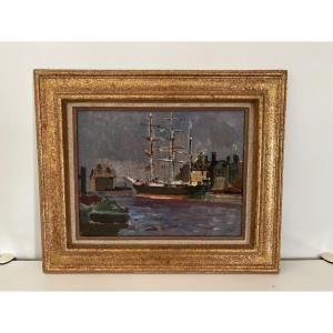 Old Marine Painting Signed Oil On Panel The Sailboat In Port 1925 Signed