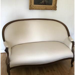 Antique Walnut Bench From The 19th Century, Restored And Reupholstered, Living Room Sofa
