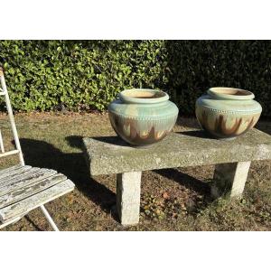 Antique And Large Pair Of Enamelled Stoneware Pots Art Deco Turnau Paris Potiche Cache Pot Vase