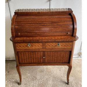 Antique Small Marquetry Lady's Desk Secretary Circa 1900, Stepped Desk With Donkey-back Slope 