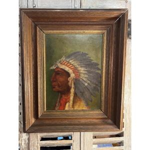 Old Oil Painting On Panel Hsp An Indian Chief Ep 19th Century Rare Conquest Of The West
