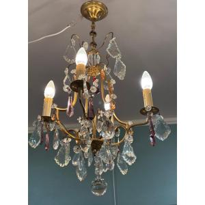 Antique Chandelier With Tassels And Pendants From The Early 20th Century In Bronze And Gilded Brass With 4 Lights 