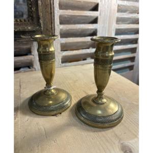 Pair Of Small Bronze Toilet Candlesticks, Directoire/empire Style, Early 19th Century