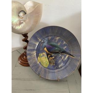Original Plate With Cut-out Decoration Fixed Under Glass, Featuring A Bird Motif, Late 20th Century, Signed