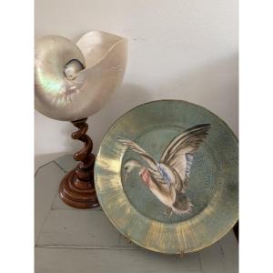 Original Cut-out Plate Set Under Glass With A Bird Motif 5
