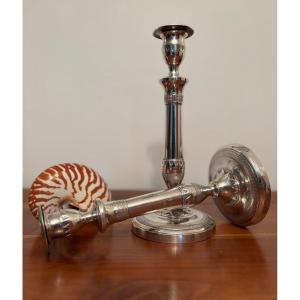 Antique Pair Of Silvered Bronze Candlesticks, Empire/directoire Period, 19th Century