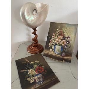 Pair Of Two Small Still Life Paintings With A Vase By Charles Beclard, 19th Century, Antique Oil On Panel
