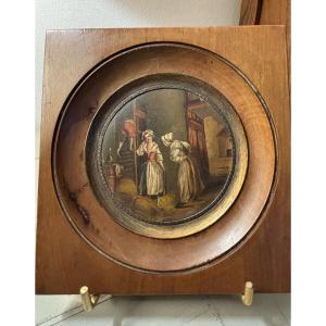 Antique Small Miniature Painted In Oil On Copper, Early 19th Century, Painting "the Surprise"