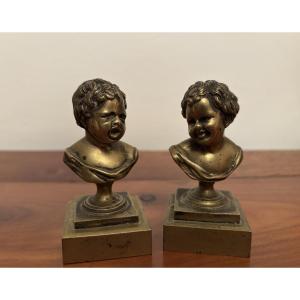 Laughing John And Crying John, A Pair Of Small Bronze Busts, Statue After Houdon, 19th Century