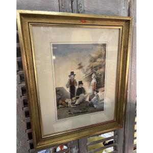 Antique Painting, Old Gouache Circa 1850, Children Around The Fire, 19th Century