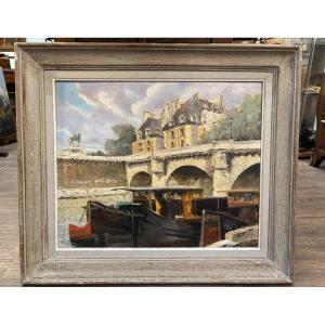 An Old Post-impressionist Painting, The Pont Neuf, By L. Lhuilier; The Seine In Paris, Oil On Panel