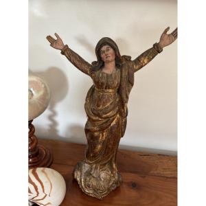 Antique Gilded Wooden Virgin Mary, Late 18th/early 19th Century, Known As The Assumption Polychrome