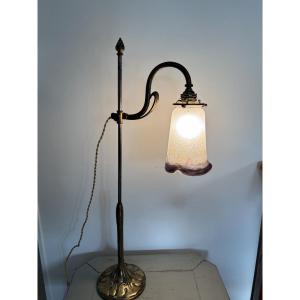 Antique Large Art Nouveau Lamp Base Circa 1920 In Bronze And Brass With Its Pâte De Verre Shade 