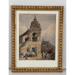 Antique Painting, Normandy, Rouen, Watercolor On Paper, Early 19th Century, Pride Of Saint Romain, Dlg S Prout