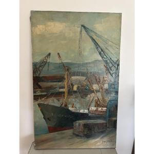 Antique Marine Painting, Oil On Canvas, Rouen And Its Port, Circa 1950, Post-impressionist