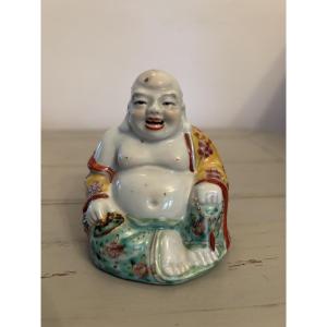 Antique Small Laughing Buddha In Polychrome Glazed Porcelain, China, Early 20th Century 