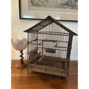 Antique And Charming Birdcage Made Of Wood And Iron Rod, Circa 1900