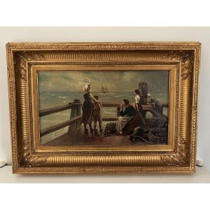 Antique 19th-century Marine Painting, Oil On Canvas: Farewell To The Sailors (hst) 