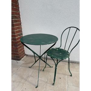 Garden Set Consisting Of A Small Tripod Pedestal Table And Chair, Circa 1900, Made Of Iron, Early 20th Century