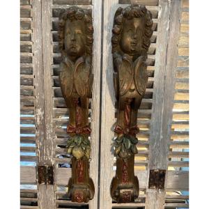 Antique Pair Of Walnut Caryatids, Angel Putti With Wings, Late 19th Century, Decorative Woodwork 