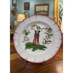 Antique Earthenware Plate From Les Islettes, 19th Century, Depicting Madame Bernard With A Parasol